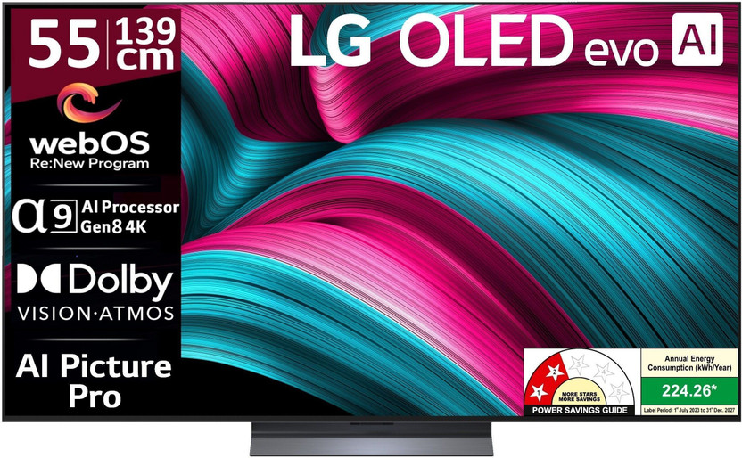 LG evo AI C5 139 cm (55 inch) OLED Ultra HD (4K) Smart WebOS TV with Alpha 9 AI Processor 4K Gen8 Brightness Booster AI Picture Pro Dolby Vision AI Sound Pro (Virtual 11.1.2ch Up-mix) Dolby Atmos Up to 144Hz Variable Refresh Rate 40W Sound Output 2.5 GB RAM 16 GB ROM Nvidia G-Sync & AMD Freesync Com