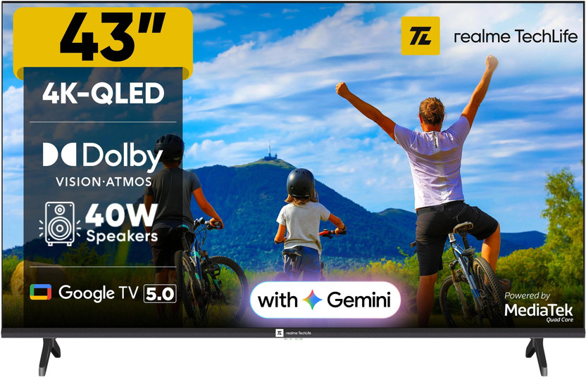 realme TechLife 109 cm (43 inch) QLED Ultra HD (4K) Smart Google TV with 5.0 with Dolby Atmos, and 40 W downfiring speaker(43UHDGQRVSAQ)