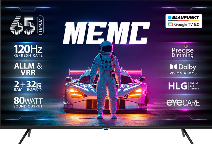Blaupunkt SonicQ 164 cm (65 inch) QLED Ultra HD (4K) Smart Google TV with MEMC , Dolby Vision - Atmos , 80W Sound Output� , 4 Speaker , 550 Nits Brightness , Precise Dimming , HDR10+, 120 Hz Refresh Rate , HLG , ALLM & VRR , Eyecare , Google Assistant , Bezel Less Design(65SQ0303)