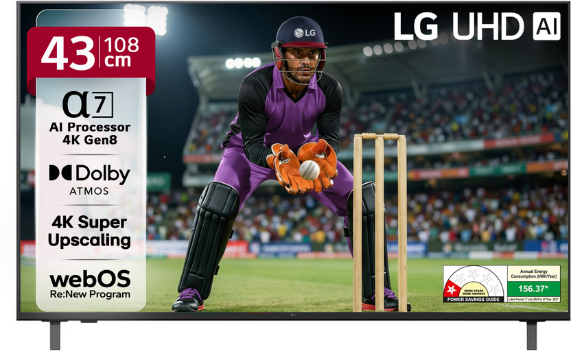 LG AI TV UA8200 108 cm (43 inch) Ultra HD (4K) LED Smart WebOS TV with Alpha7 AI Processor 4K Gen8 | 4K Super Upscaling | AI Picture Pro | 4K Expression Enhancer | NEW AI Magic Remote Compatible | AI Search with MS Copilot | AI Sound Pro (9.1.2 ch) | Dolby Atmos | Chromecast Built-in(43UA82006LA)