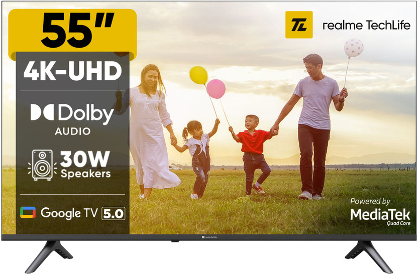 realme TechLife 139 cm (55 inch) Ultra HD (4K) LED Smart Google TV 2025 Edition with 5.0 OS, Dolby Audio, and 30 W downfiring speaker(55UHDGDRWSDB)