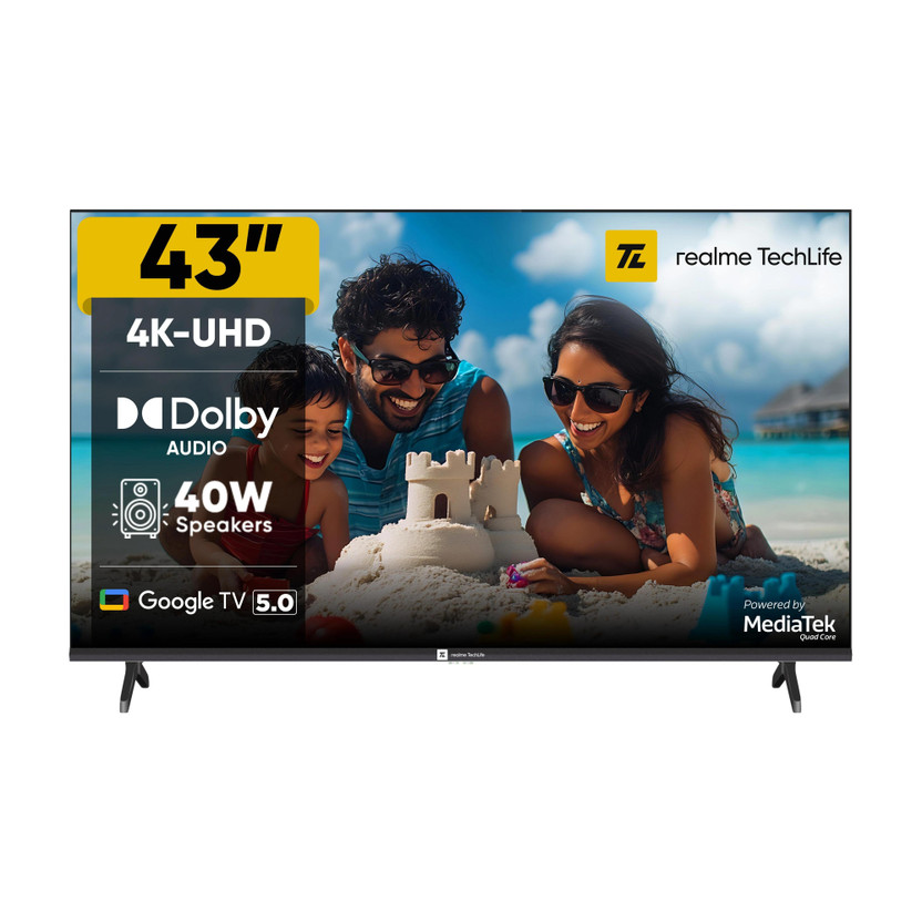 realme TechLife 109 cm (43 inch) Ultra HD (4K) LED Smart Google TV with 5.0 with Dolby Audio, and 40 W downfiring speaker(43UHDGDRVSAB)