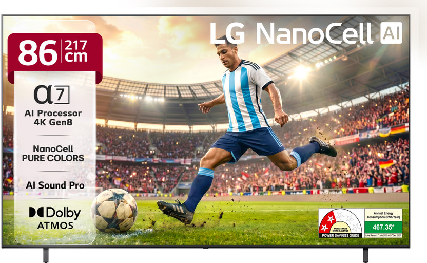 LG AI TV 218.44 cm (86 inch) Ultra HD (4K) NanoCell Smart WebOS TV with Alpha7 AI Processor 4K Gen8 4K AI Super Upscaling 4K Expression Enhancer AI Sound Pro (9.1.2 ch) Dolby Atmos New AI Magic Remote AI Search with MS Copilot 120+ Free LG Channels Chromecast Built-in(86NANO85A6A)