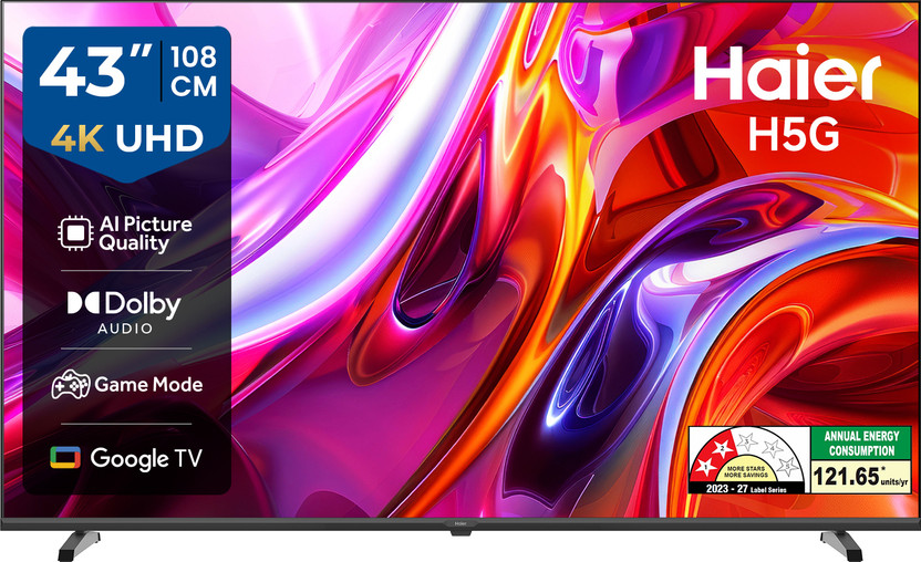 Haier H5G 108 cm (43 inch) Ultra HD (4K) LED Smart Google TV 2026 Edition with Voice
Assistance Remote Control
HDR10 MEMC Dolby
Audio Total Sonic
Chromecast Built-in Dual
Band Wi-Fi 1.5GB RAM +
32GB ROM(43H5G)