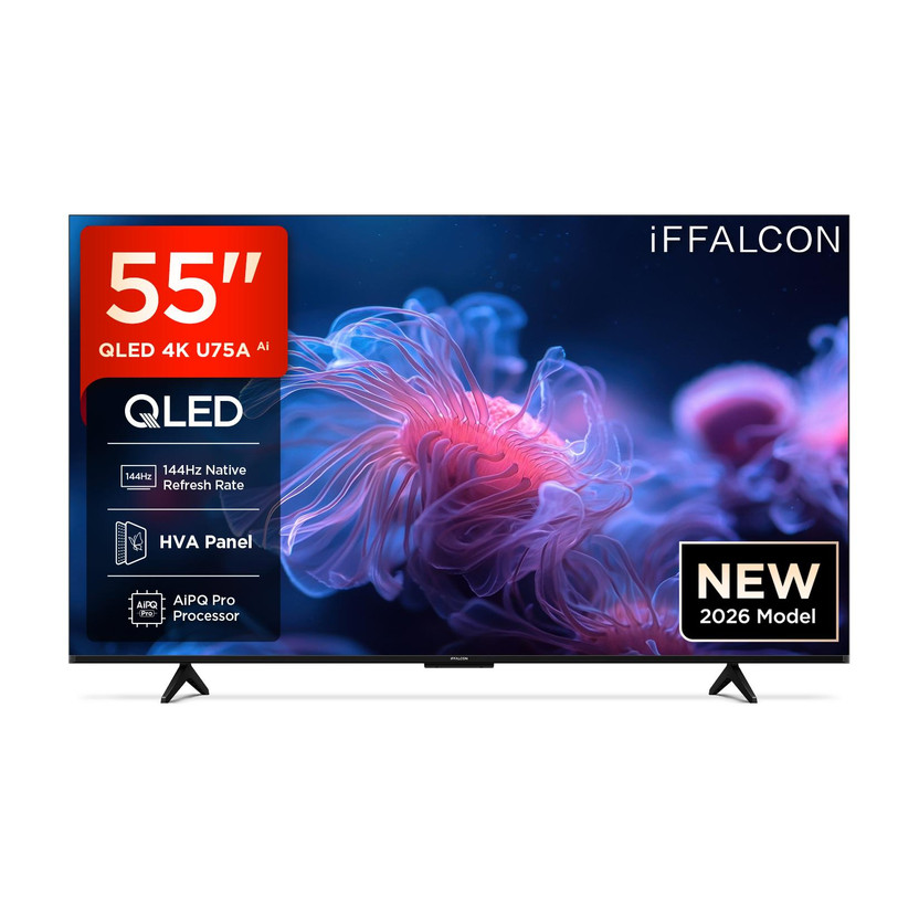 iFFALCON U75A 139 cm (55 inch) QLED Ultra HD (4K) Smart Google TV 2026 Edition with 144Hz Native Refresh Rate, DLG 288Hz AiPQ Pro Processor Dolby Vision- Atmos,DTS Virtual:X MEMC 120 Hz with Premium Gaming Experience(55U75A)