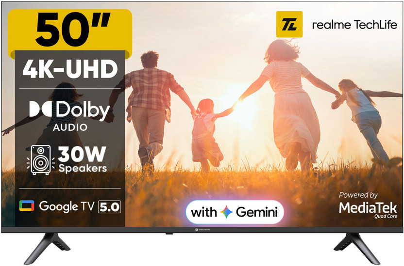 realme TechLife 127 cm (50 inch) Ultra HD (4K) LED Smart Google TV 2025 Edition with 5.0 OS, Dolby Audio, and 30 W downfiring speaker(50UHDGDRWSDB)