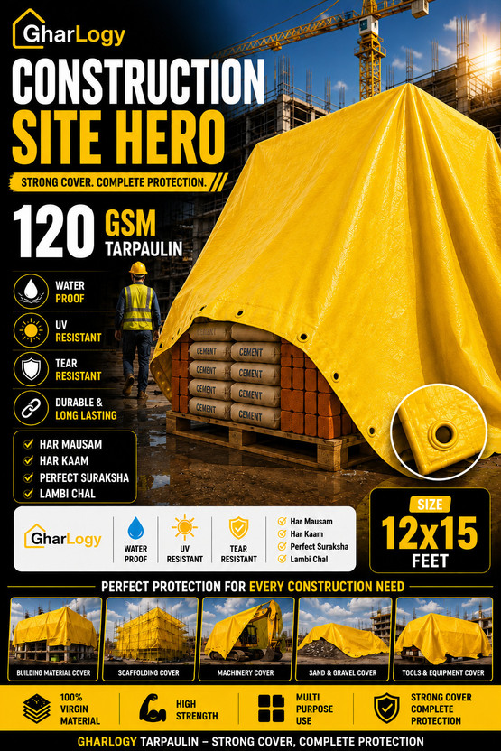 GharLogy 12x15Ft Waterproof Multipurpose Yellow Tirpal All Weather Rain Protection Tent - For Agriculture Use, Roof Covering, Warehouse Storage, Vehicle Protection(Yellow)