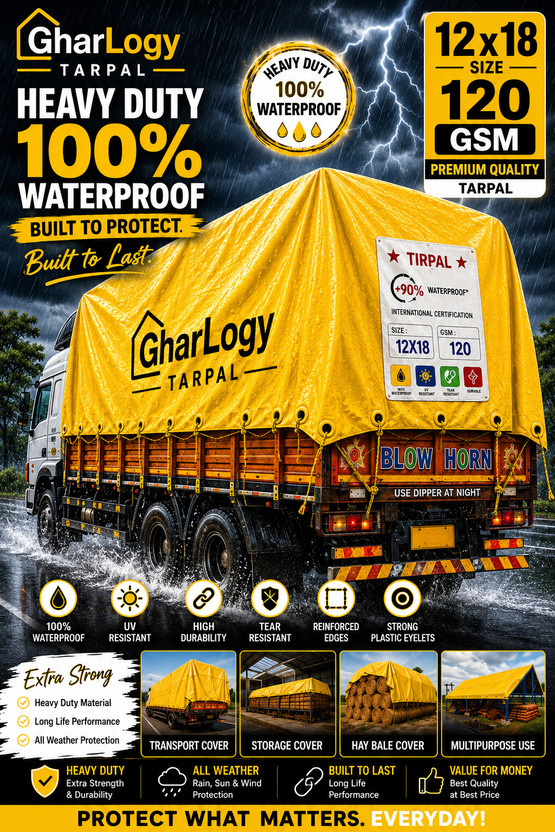 GharLogy 12x18Ft Yellow Tirpal Waterproof High Quality Farm Home Warehouse RainProtection Tent - For Agriculture Use, Roof Covering, Warehouse Storage, Vehicle Protection(Yellow)