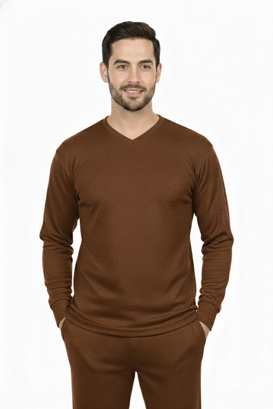 J.S. OSWAL Men V-Neck Brown Thermal Men Top Thermal