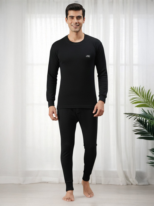 LUX COTT'S WOOL Black Full Sleeves Round Neck Men Top - Pyjama Set Thermal