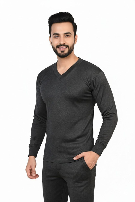 J.S. OSWAL Men V-Neck Black Thermal Men Top Thermal