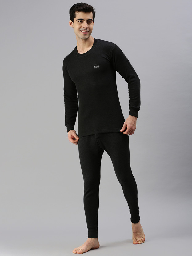 LUX COTT'S WOOL Black Full Sleeves Round Neck Men Top - Pyjama Set Thermal