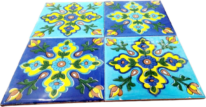 craft park Blue Pottery Ceramic Floral Design Handmade Tiles (Blue) Pack of 4 Full Polished Natural(Decorative Tile)