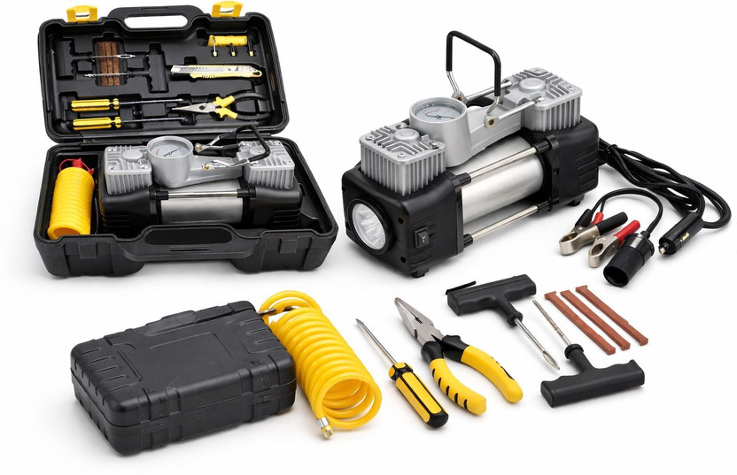 Onshoppy Heavy Duty 12V Compressor & Puncture Kit 150 psi Tyre Air Pump for Car & Bike(Air Compressor, Double Foot, LED Light, Portable, Compact)