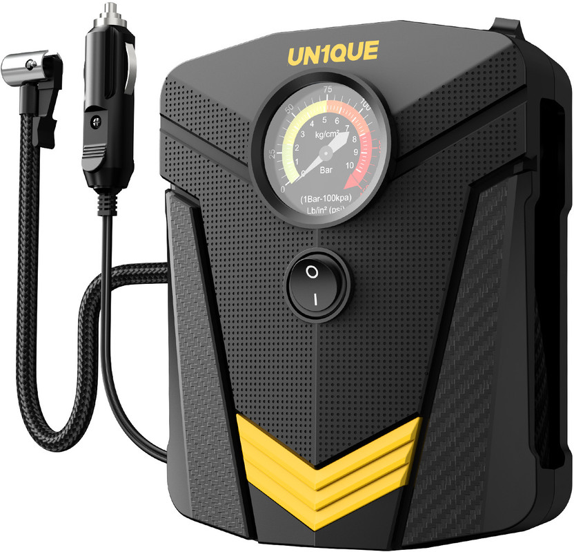 UN1QUE PT300S 150 psi Tyre Air Pump for Car & Bike(Air Inflator, Bleeder Valve Present, LED Light, Multiple Nozzles, Portable)