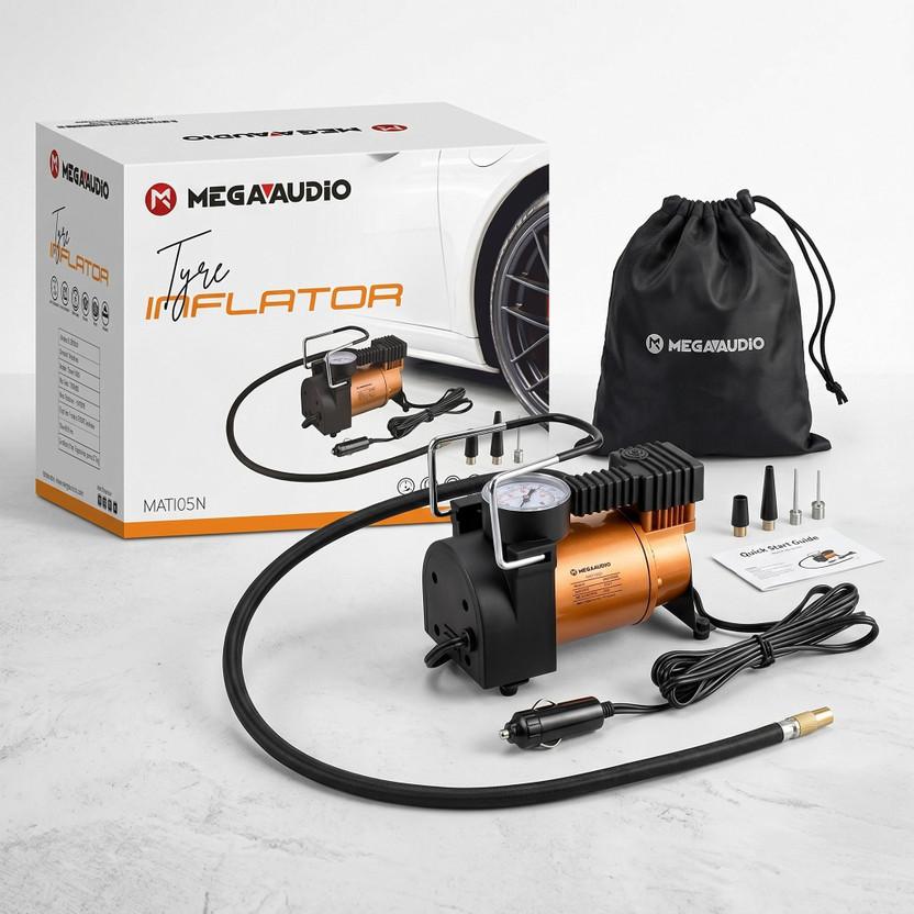 Mega Audio 2-In-1 Car Tyre Inflator Air Compressor 150 psi Tyre Air Pump for Car & Bike(Compact, Portable)