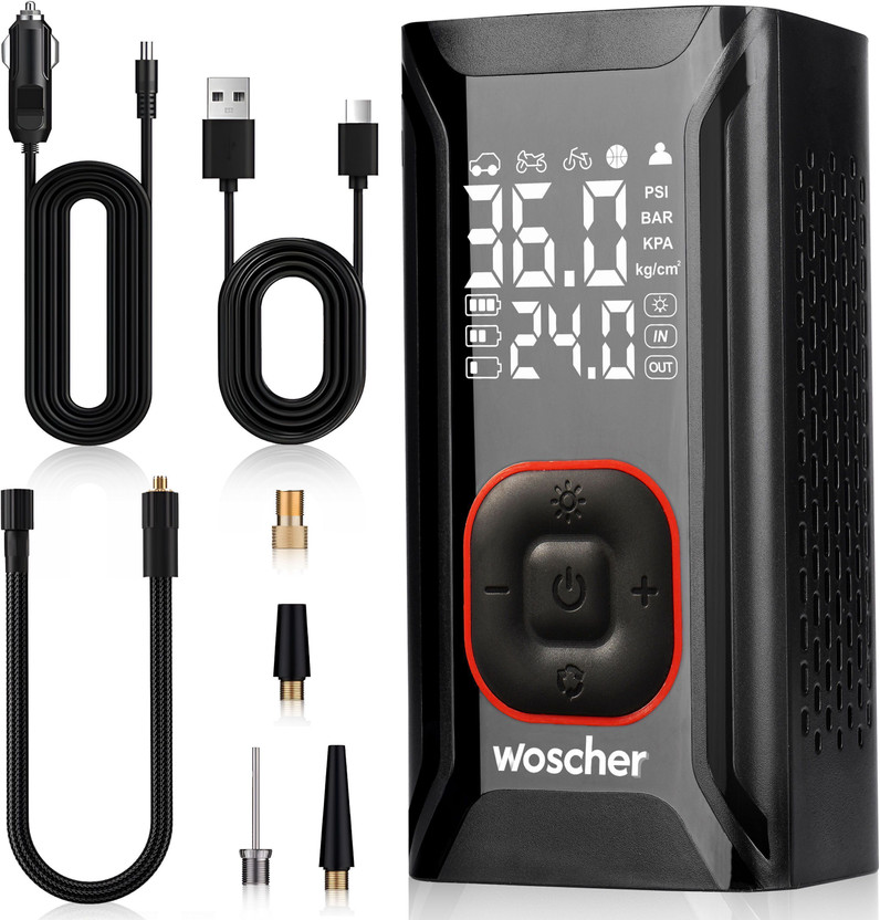 Woscher i2 4000mAh 2in1 Cordless Tyre Inflator 150 psi Tyre Air Pump for Car & Bike(Auto Shut Off, Air Inflator, Air Compressor, Digital Display, Type-C Charging)