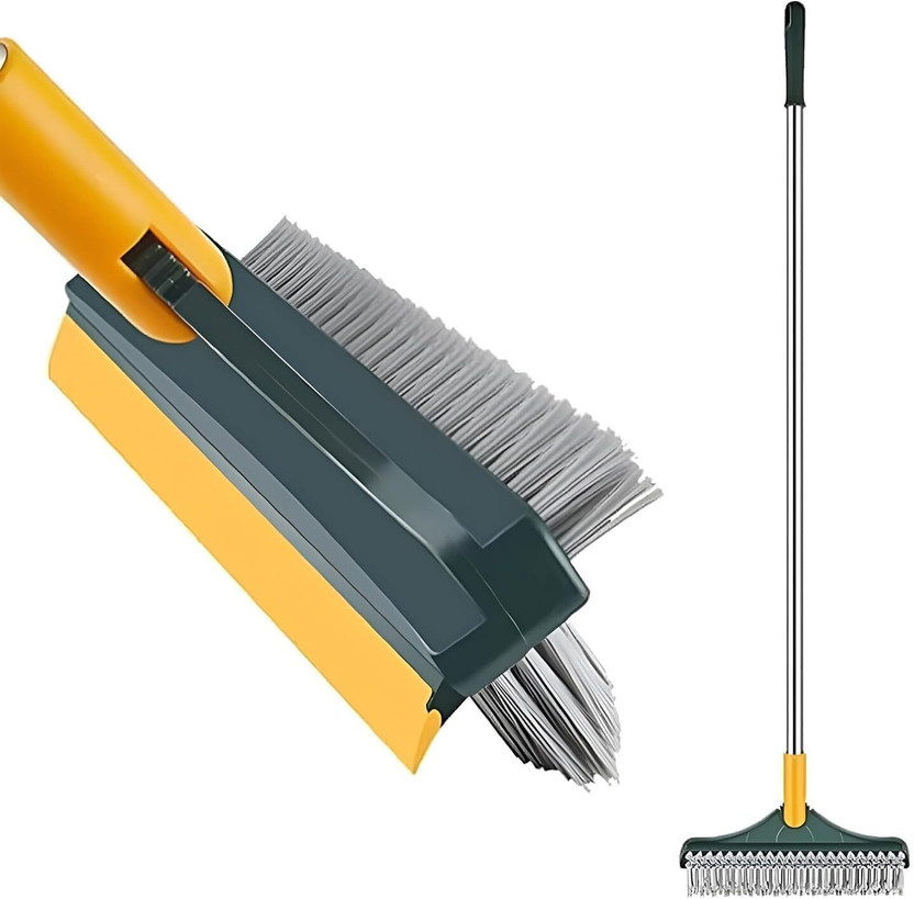XKJQ 3-in-1 Long Handle Bathroom Floor Scrub Brush with Squeegee Wet and Dry Duster Set