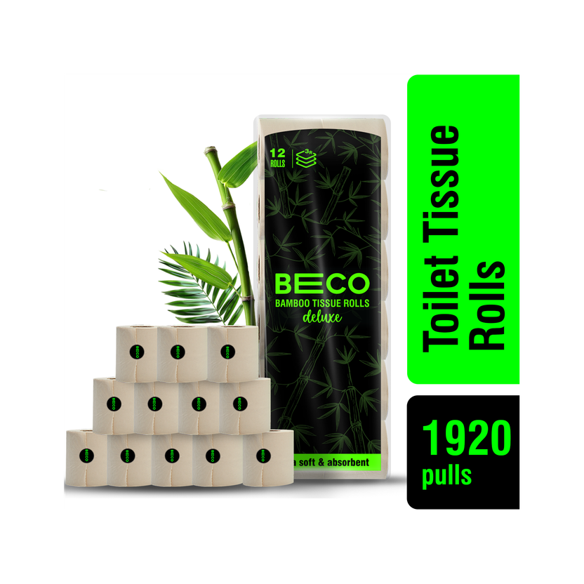 Beco Bamboo Toilet Paper Roll | 160 Pulls X 12 Rolls|Chemical Free, Soft & Absorbent Toilet Paper Roll(3 Ply, 160 Sheets)