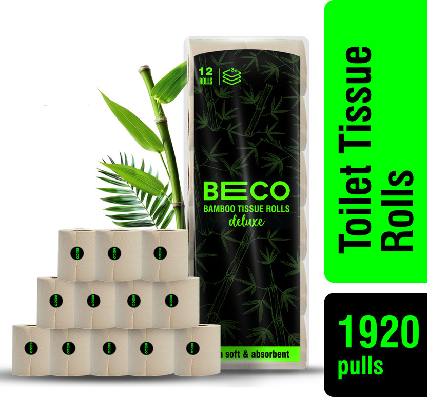 Beco Bamboo Toilet Paper Roll | 160 Pulls X 12 Rolls|Chemical Free, Soft & Absorbent Toilet Paper Roll(3 Ply, 160 Sheets)