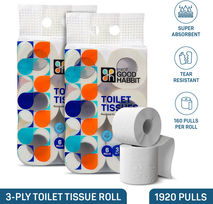 IMECO Good Habbit Toilet Tissue 1920 Pulls | 12 Rolls Pack | 100% Cellulose Fibre | Toilet Paper Roll(3 Ply, 160 Sheets)