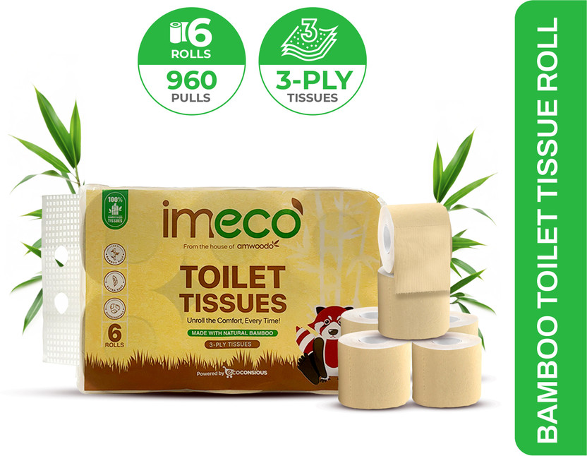 IMECO Bamboo Toilet Tissue 960 Pulls | 6 Rolls Pack | Unbleached, Soft & Absorbent | Toilet Paper Roll(3 Ply, 160 Sheets)