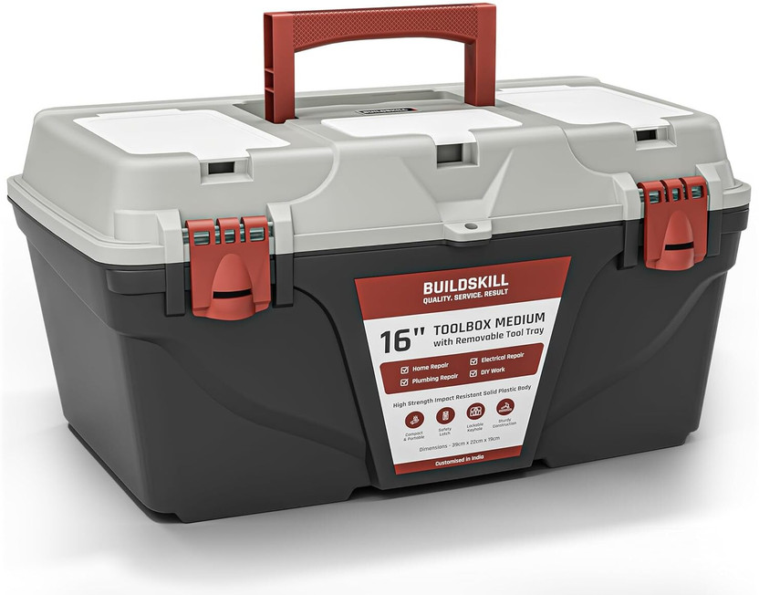 BUILDSKILL BPTBME 16" Medium Tool Box with Removable Tool Tray | Latch Lock & Key Hole Tool Box with Tray