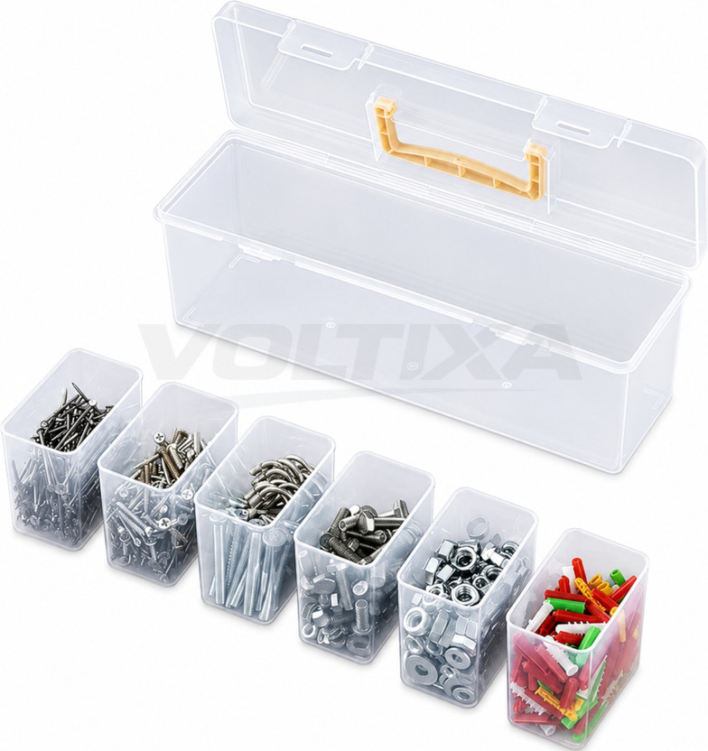 VOLTIXA Transparent Plastic Tool Organiser Box with 6 Removable Inner Containers Hardware Storage Case with Carry Handle Screw, Bolt, Nut & Small Parts Organiser Tool Box with Tray