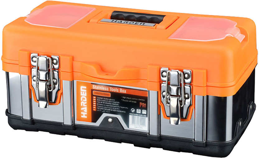 Harden Stainless-SteelBuckle, Non-Slip Soft-Grip Handle, Separate Accessories Storage Professional Stainless-Steel and ABS Tools Box with Removable Top Organizer Tray (36x16.5x17 cm) 520224 Tool Box
