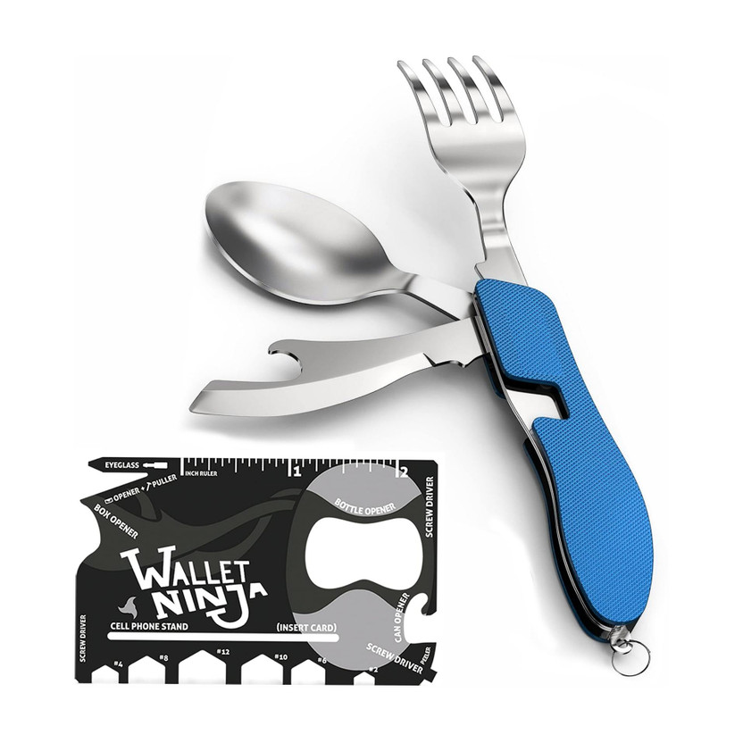 DSTECHBAR 4-in-1 Utensils Folding Spoon Fork Knife Opener with 18in1 Ninja Card Tool Camping & Hiking Tool Kit