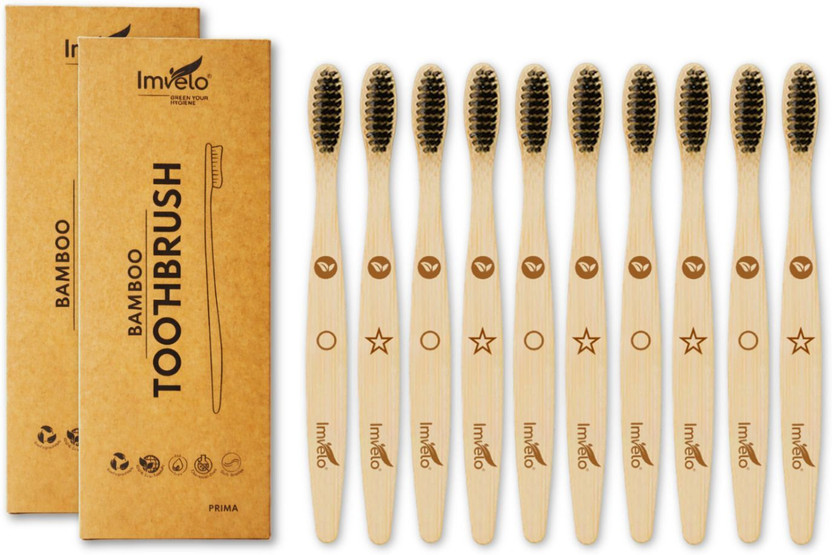 IMVELO Bamboo Toothbrush with Charcoal Activated Soft Bristles | Adult - Pack of 10 Soft Toothbrush(Pack of 10)