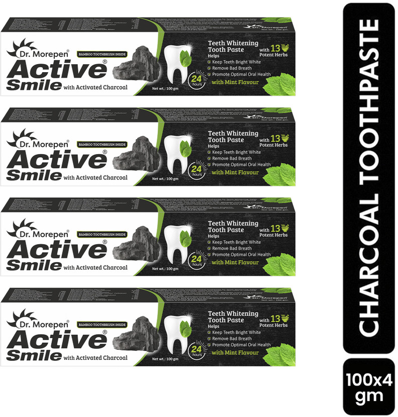 Dr. Dr. Morepen Activated Charcoal Teeth Whitening Toothpaste - Destroys Bad Breath - Best Natural Black Tooth Paste Kit - Mint Flavor - Herbal Decay Treatment - Removes Coffee Stains, Pack of 4 Toothpaste(400 g, Pack of 4) - Flipkart Deal
