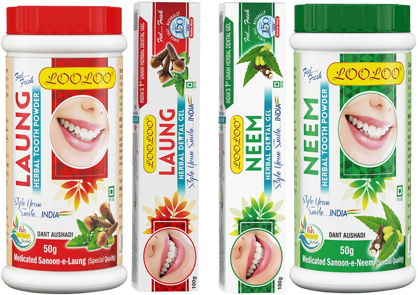 looloo Herbal Tooth Laung Gel- Neem Gel each Medicated Tooth Laung Powder-Neem Powder Toothpaste(300, Pack of 4)
