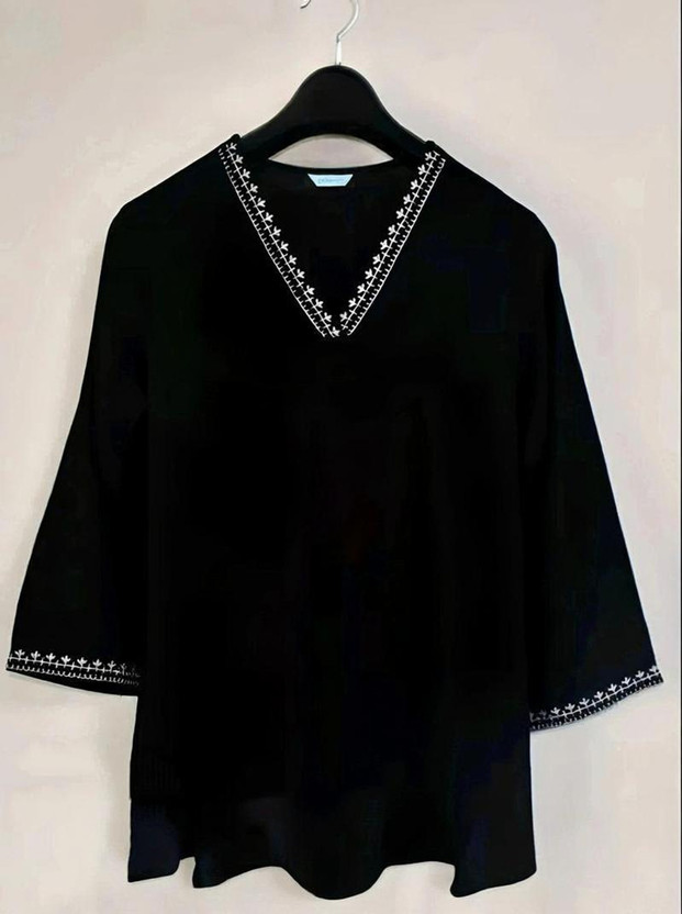 JR JEZREEL Casual Embroidered Women Black Top