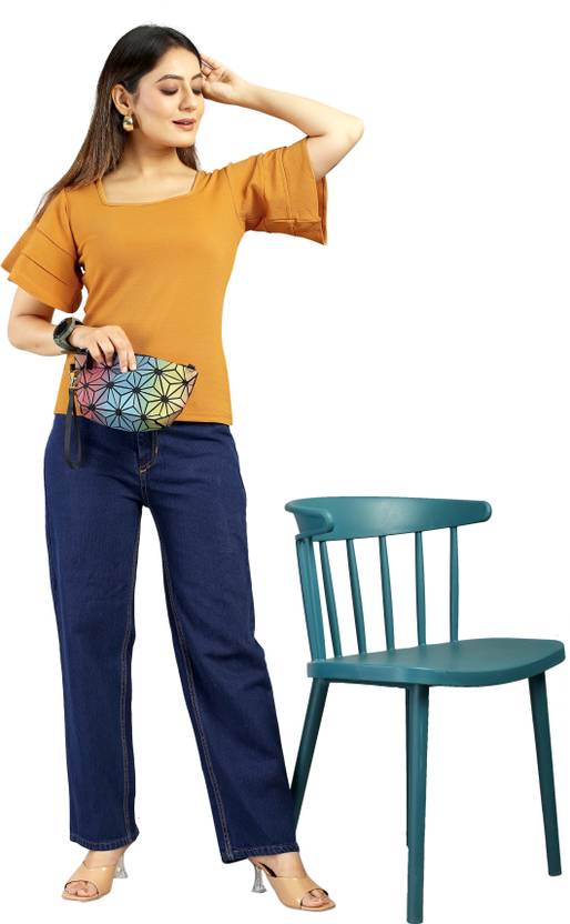 sarvagny clothing Party Petal Sleeves Solid Women Gold Top