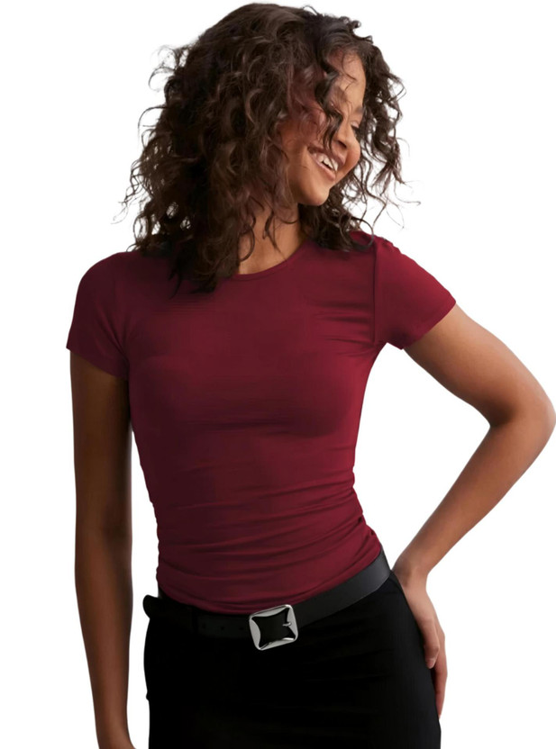 SIGHTBOMB Casual Short Sleeve Solid Women Maroon Top