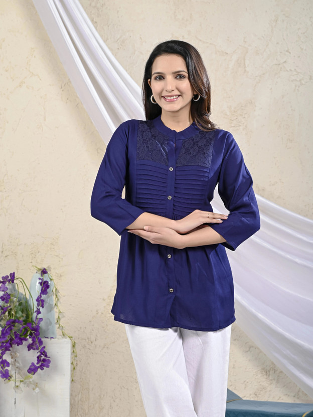 SATHRAY Casual Self Design Women Blue Top