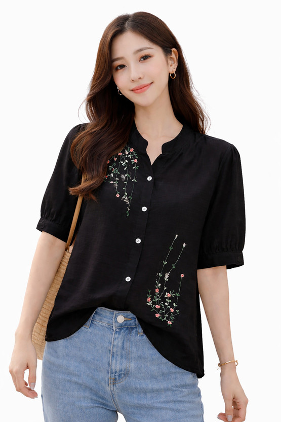Meesan Casual Embroidered Women Black Top