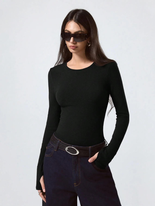 KOTTY Solid Women Round Neck Black T-Shirt