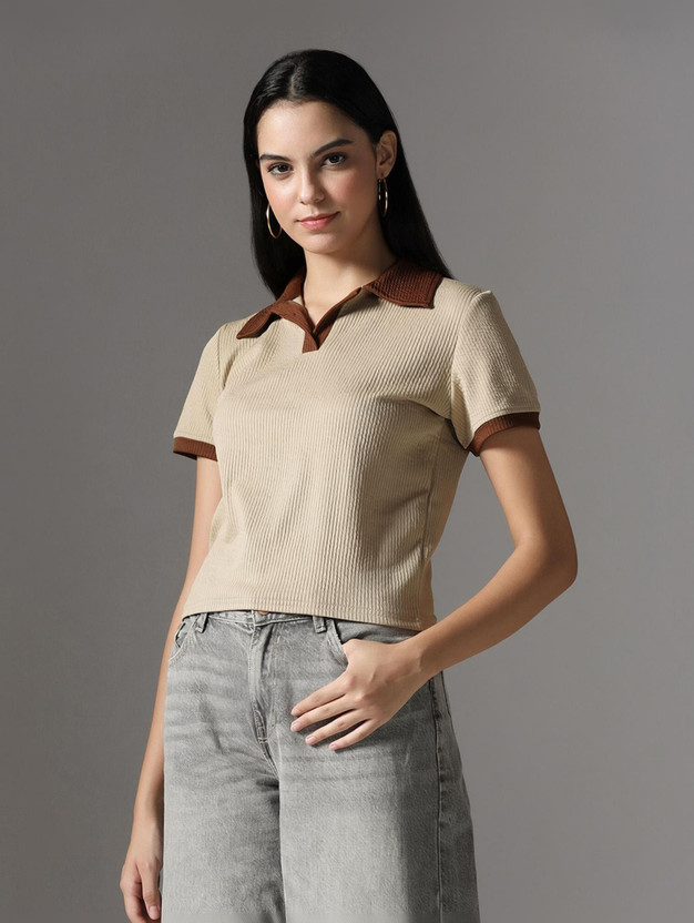 Selvia Selvia Solid Women Stylised Neck Beige T-Shirt - Flipkart Deal