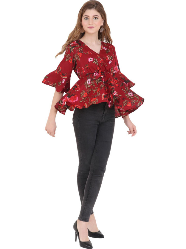 Emeros Casual Half Sleeve Printed Women Maroon Top