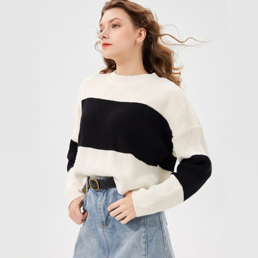 Totar Sales Casual Color Block Women Black, White Top