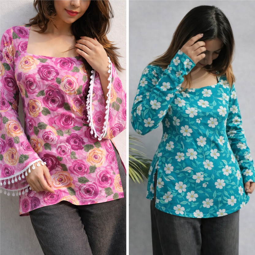 AOSLY Casual Floral Print, Printed Women Pink, Blue Top