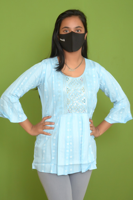 sidre Casual Printed, Embroidered Women Light Blue Top