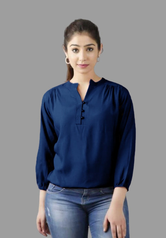 himanc Casual Solid Women Dark Blue Top