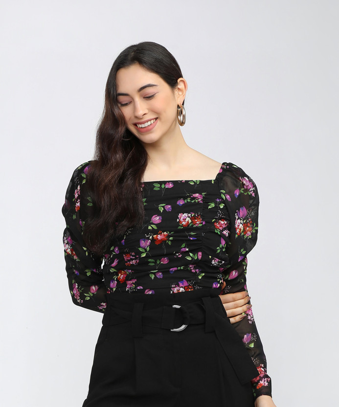 Tokyo Talkies Casual Self Design Women Black Top