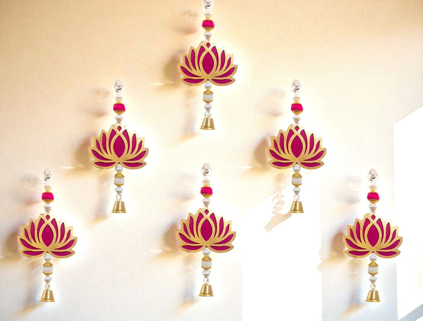 Sinu Craft Pack of 6 |Lotus Design Decorative Hanging| Festive & Home Décor | Golden & Pink Pack of 6(Pink & Golden)