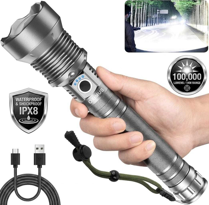 Oximus Oximus 100000 High Lumens Tactical Super Bright Flashlight 5 Modes Fast Charge Outdoor Torch(Black, 24 cm, Rechargeable) - Flipkart Deal