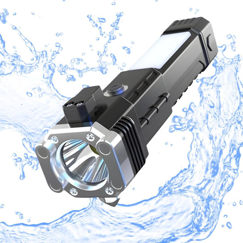 RECTITUDE Torch Flashlight, Long Distance Beam Range Car Rescue Torch with Hammer Torch(Black, 10 cm, Rechargeable)