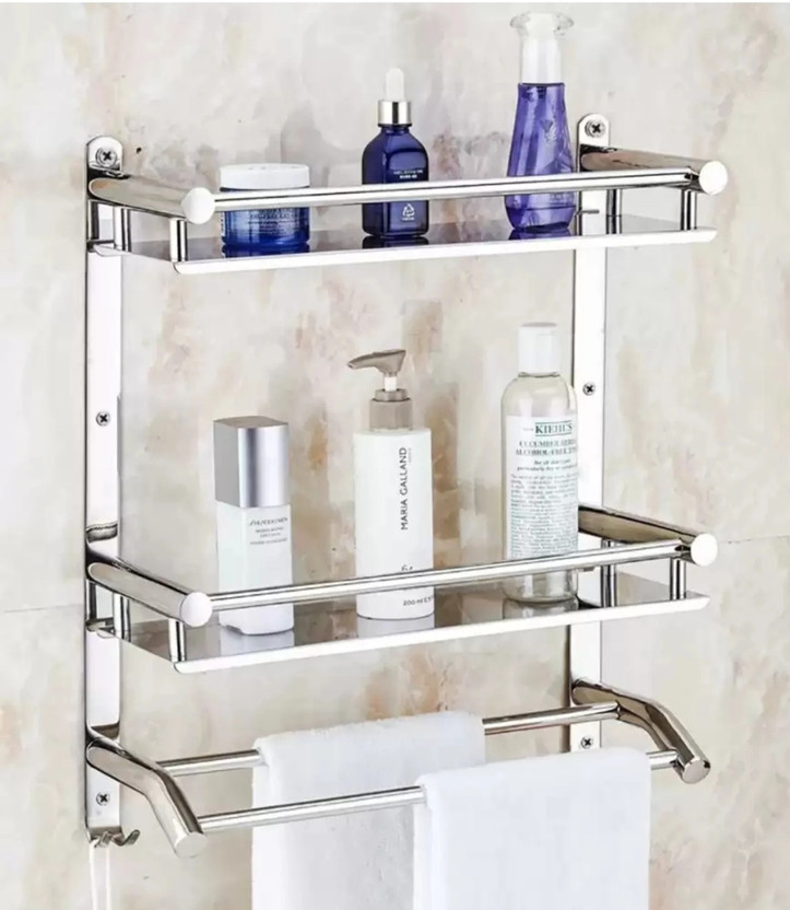 GLOXY Bathroom Shelf Rust-Proof Bathroom Rack Stand Storage Organizer for Bathroom Stainless Steel Wall Shelf(Number of Shelves - 2, Silver)